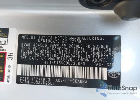 2009 Toyota Camry z USA, uszkodzony, nr VIN 4T1BE46K09U335870